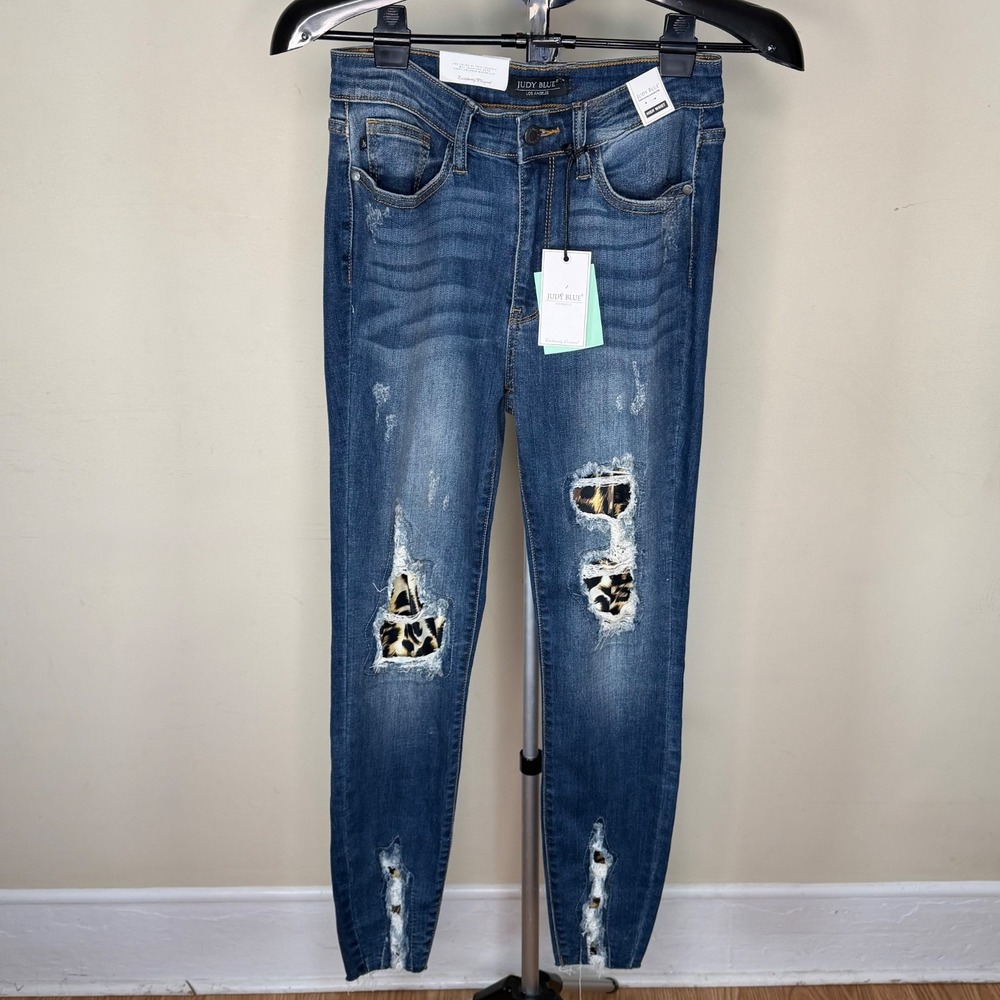 Judy Blue Womens 5/27 High Waist Skinny Jeans Leopard Patch Distressed NWT